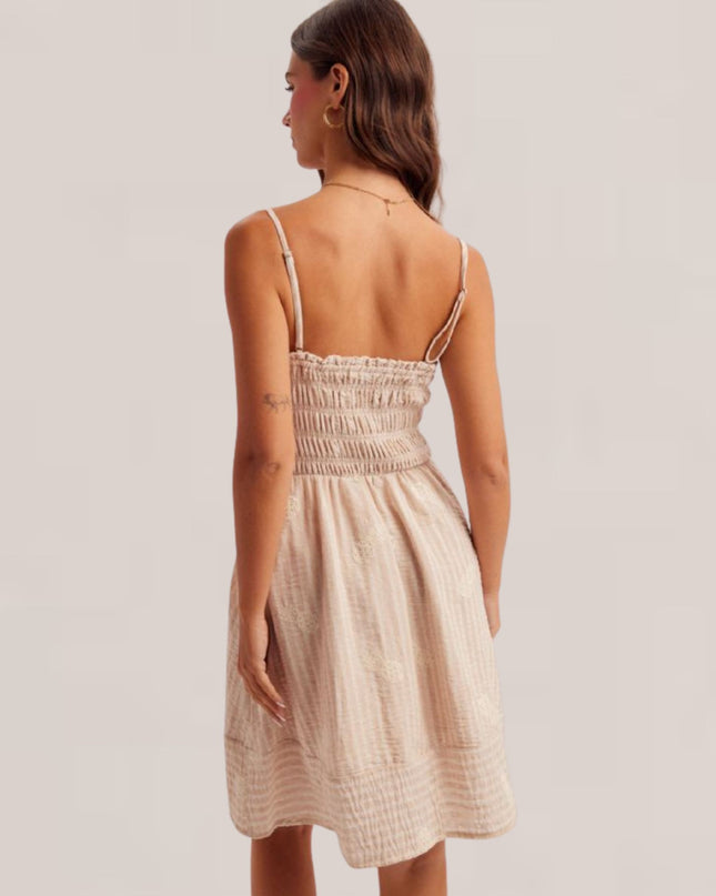 Smocked Striped Pineapple Embroidered Spaghetti Strap Mini Dress