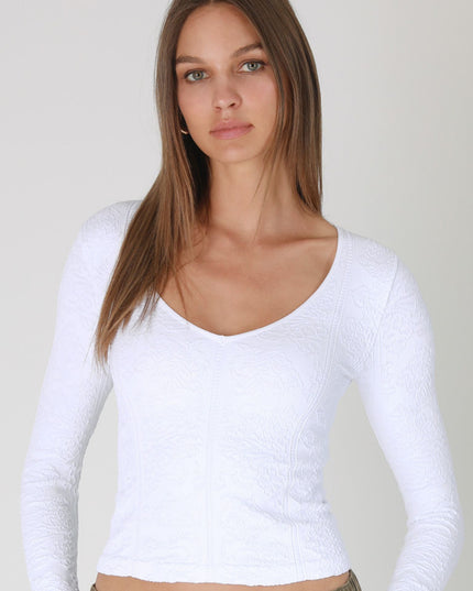 Lace Textured V Neck Long Sleeve Top