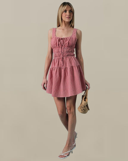 Checkered Cinch Waist Sleeveless Mini Dress