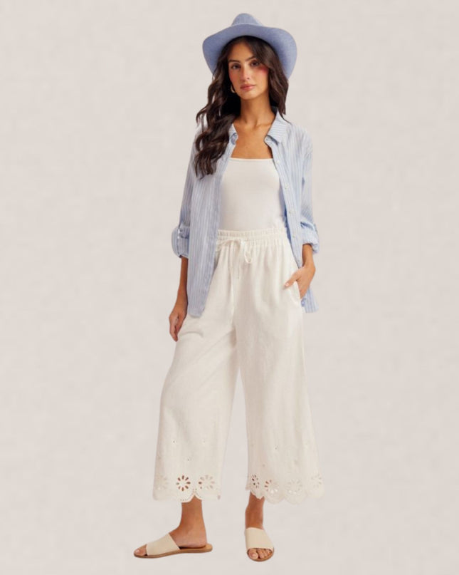 Embroidered Elastic High Waist Culotte Pants