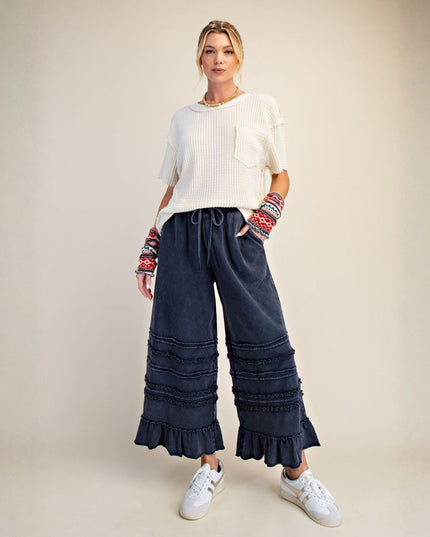Tiered Ruffle Hem Elastic Drawstring Waist Wide Leg Pants