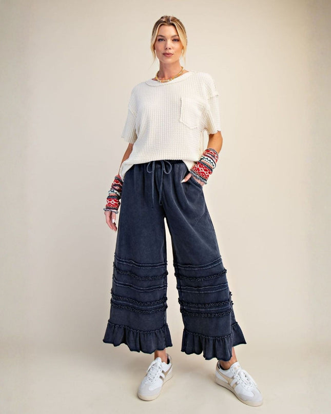 Tiered Ruffle Hem Elastic Drawstring Waist Wide Leg Pants