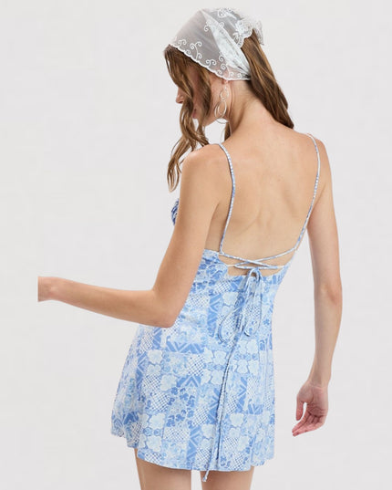 Patched Pattern Back Tie Spaghetti Strap Mini Dress