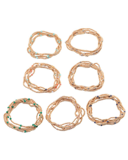 Spaced Tiny Crystal Gold Ball Bead 5 Bracelet Set