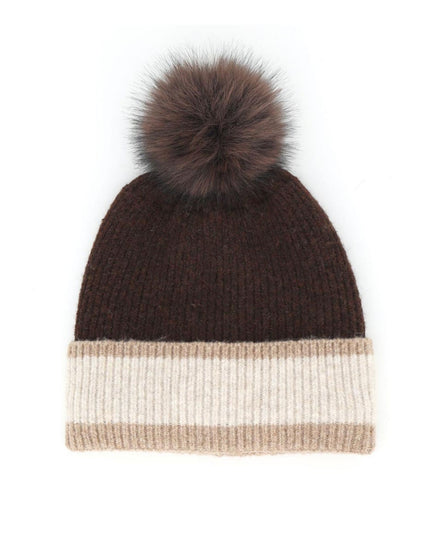 Ribbed Tri-Color Fleeced Faux Fur Pom Pom Winter Beanie Hat