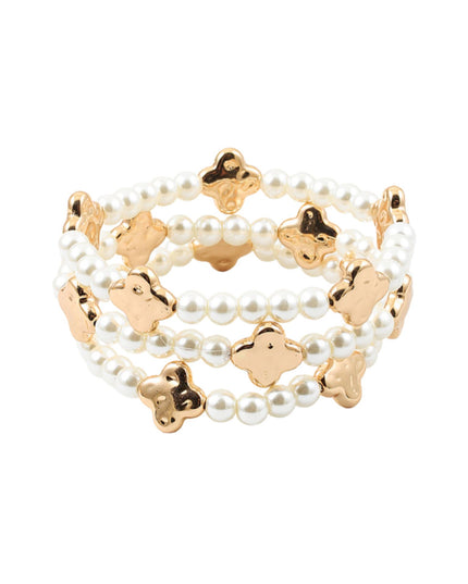 Spaced Metal Clover Pearl 3 Bracelet Set