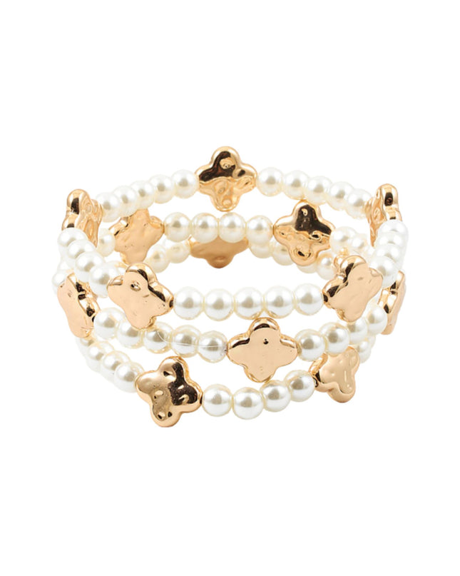 Spaced Metal Clover Pearl 3 Bracelet Set