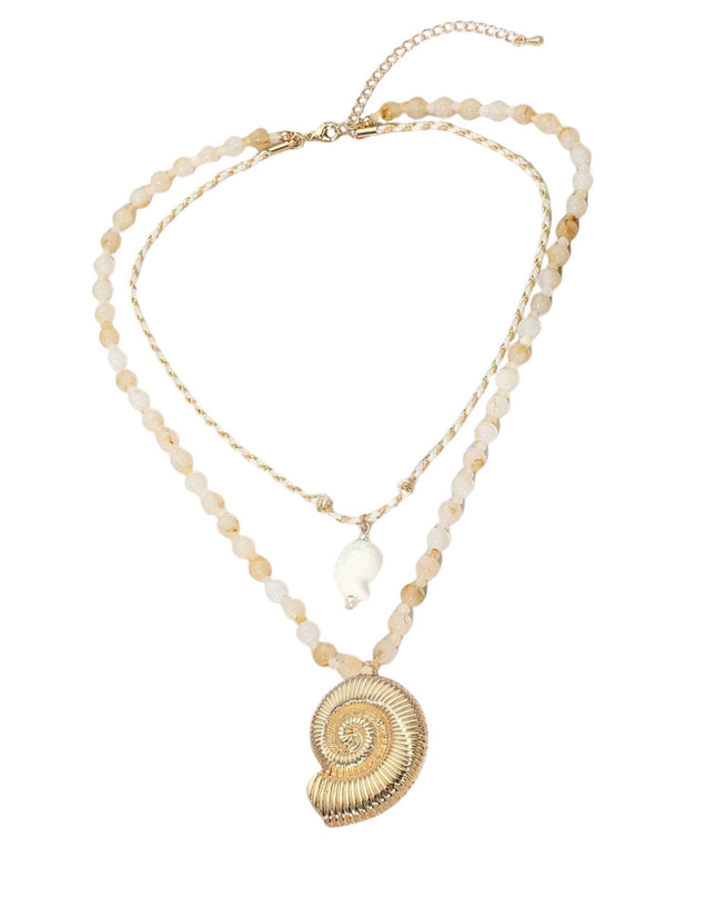 Ceramic Fish Gold Metal Shell Pendant Beaded Layered Necklace