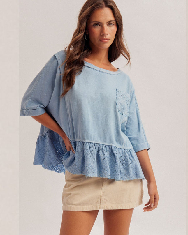 Lace Ruffle Loose Fit Short Sleeve Top