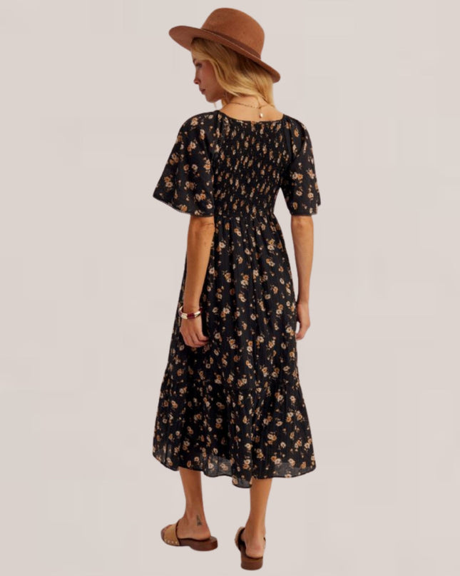 Daisy Print Smocked Flutter Sleeve Midi Dress