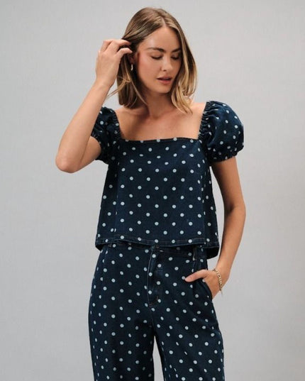 Polka Dot Puff Sleeve Square Neck Top