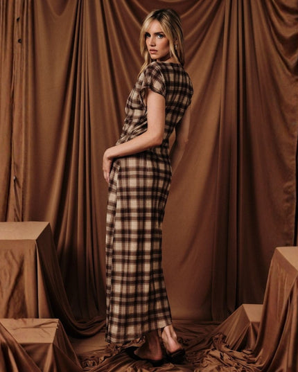 Plaid Boat Neck Pleated Side Short Sleeve Midi Dress