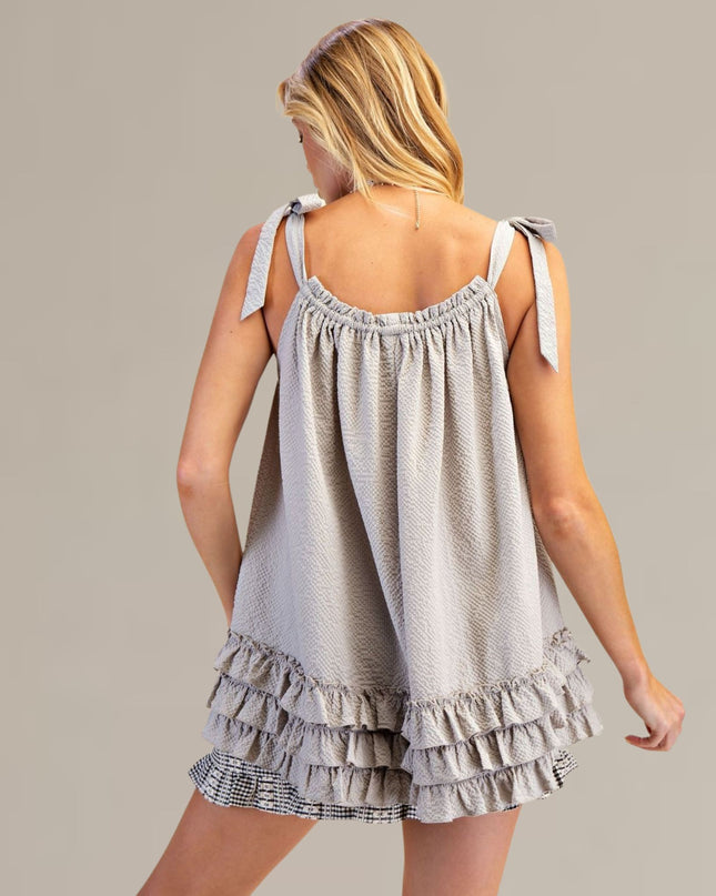 Triple Ruffle Bottom Textured Tie Shoulder Top