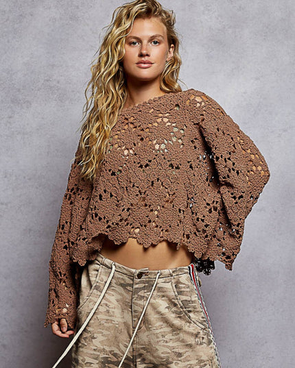 Boho Crochet Knit Scallop Hem Flare Long Sleeve Top