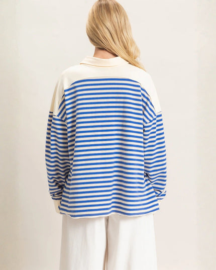 Striped Contrast Shoulders Collared Henley Sweatshirt