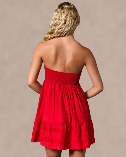 Lace Trim Strapless Babydoll Mini Dress