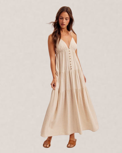 V Neck Front Button Detail Tiered Sleeveless Maxi Dress
