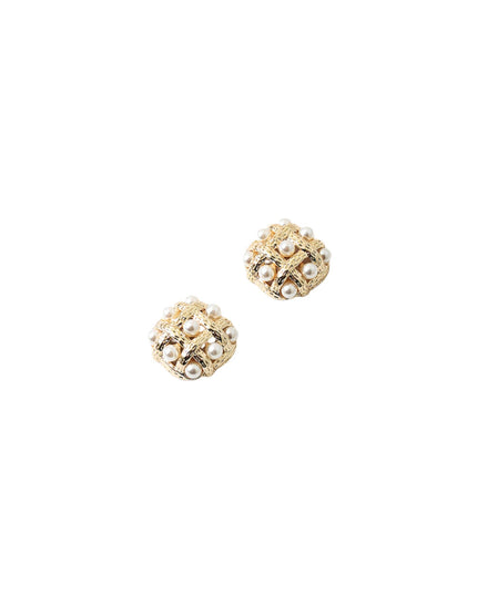 Lattice Pearl Metal Square Stud Earrings
