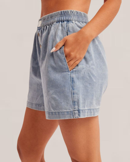 Palm Tree Printed Elastic Waist Denim Shorts