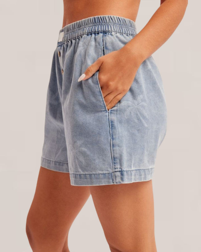 Palm Tree Printed Elastic Waist Denim Shorts