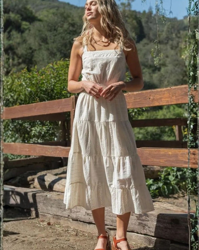 Eyelet Tiered Body Square Neck Adjustable Straps Midi Dress