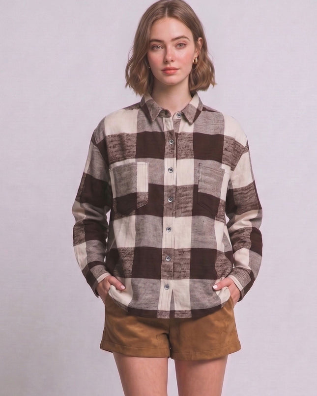 Plaid Flannel Button Down Collared Long Sleeve Top