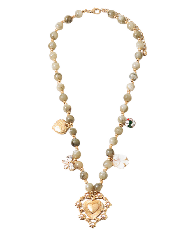 Heart Bow Beaded Charm Necklace