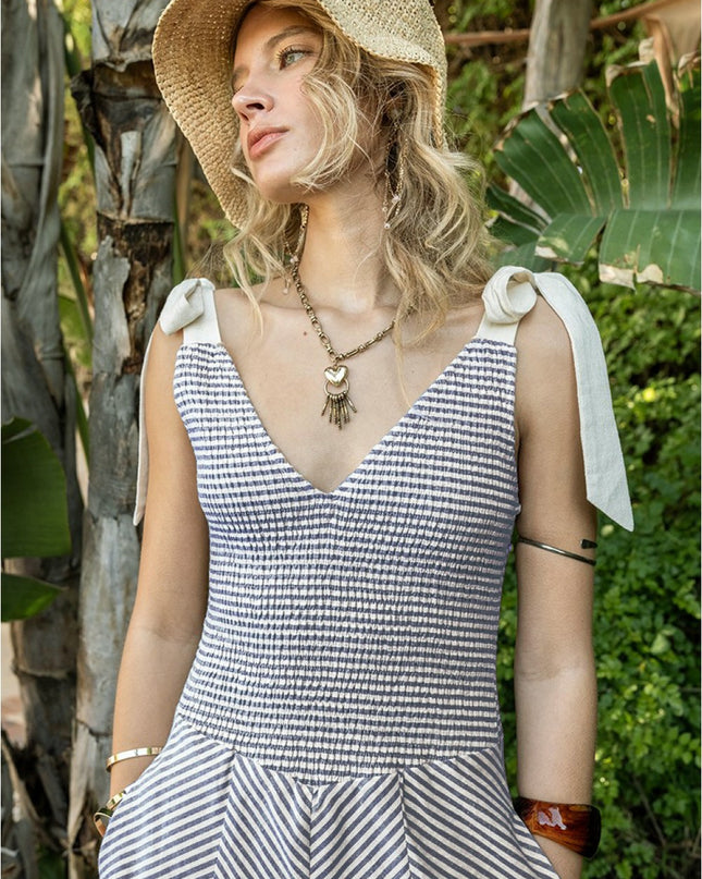 Tie Shoulder Striped Drop Waist Midi Dress