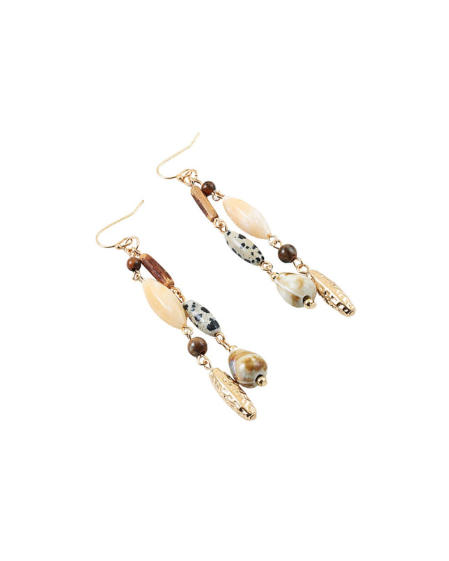 Natural Stone Dalmatian Wood Metal Beaded Double Droplet Earrings