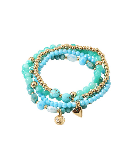 Natural Stone Gold Metal Ball Bead Heart Disc Charm 3 Bracelet Set