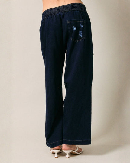 Smocked Waist Patch Pockets Denim Barrel Jeans