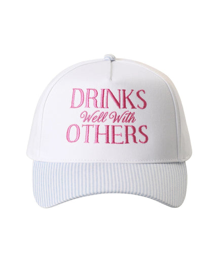 Drink Well With Others Embroidered Seersucker Striped Brim Trucker Hat