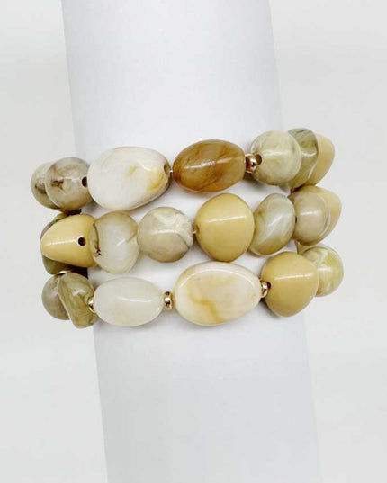 Mixed Sized Natural Stone Bead Gold Beaded 3 Bracelet Set