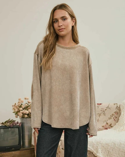 Boxy Textured Patch Elbow Long Sleeve Top