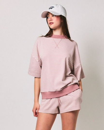Mock Neck Striped Short Sleeve Top
