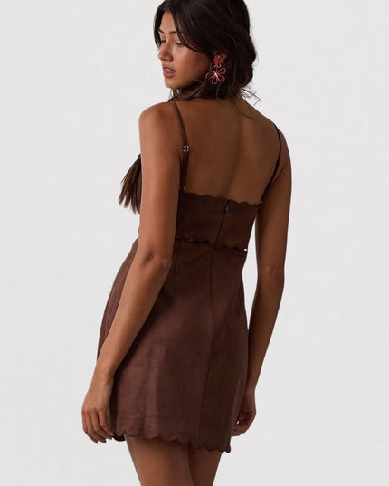 Suede Scallop Cut V Neck Mini Dress