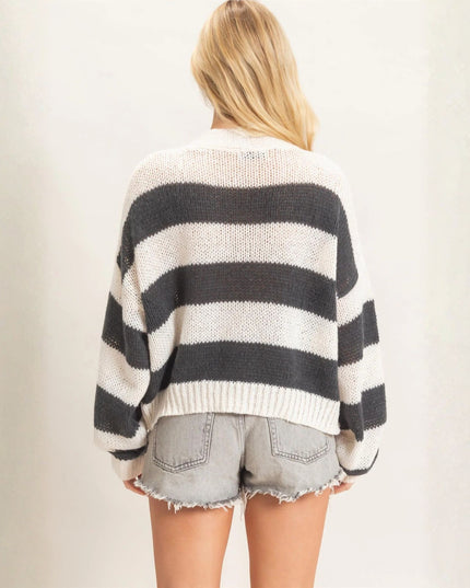 Tie Front Striped V Neck Cardigan Sweater