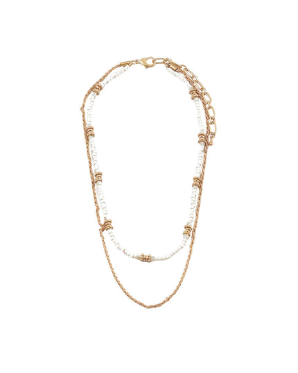 Wood Beaded Spaced Gold bead Twisted Metal Chain Double Layered Necklace
