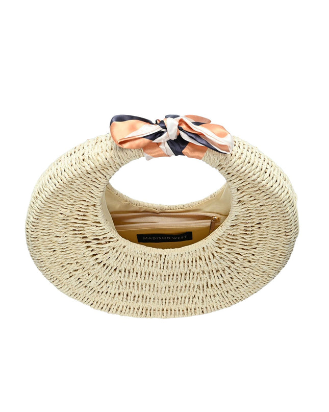 Straw Round Ribbon Handle Tote Bag
