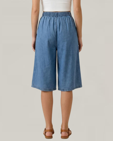 Chambray Pleated Knee Length Wide Leg Culotte Pants