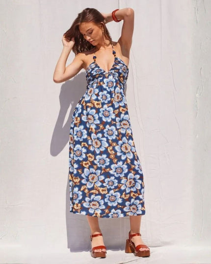 Flower Printed Thin Strap Halter Neck Midi Dress