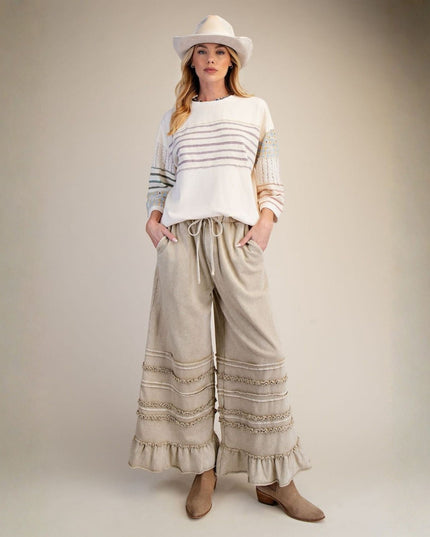 Tiered Ruffle Hem Elastic Drawstring Waist Wide Leg Pants