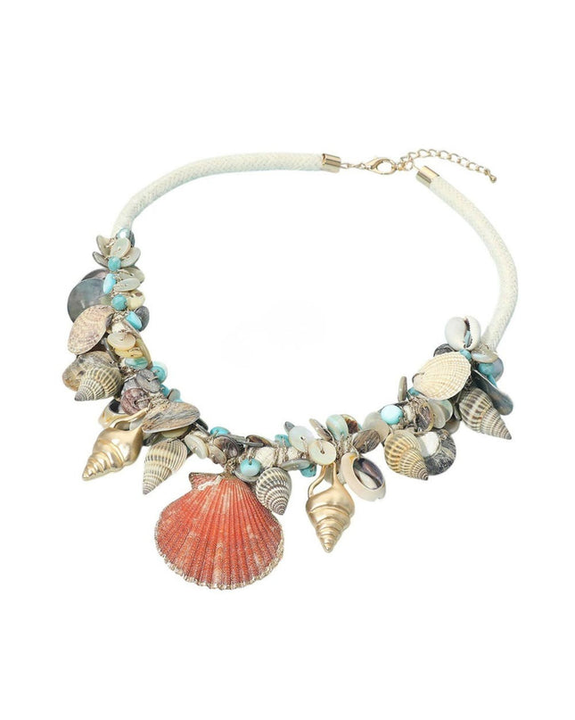 Coastal Shell Beaded Gold metal Statement Cord Necklace