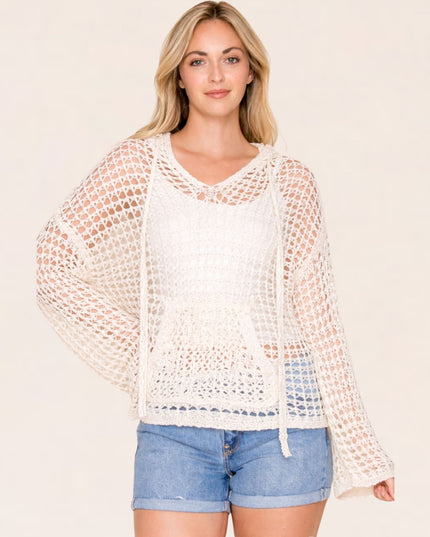 Hooded Crochet Open Knit Sweater