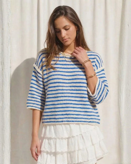 Striped 3/4 Sleeve Crew Neck Sweater