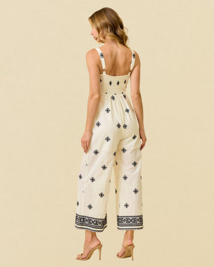 Embroidered Border Printed Sleeveless Culotte Jumpsuit