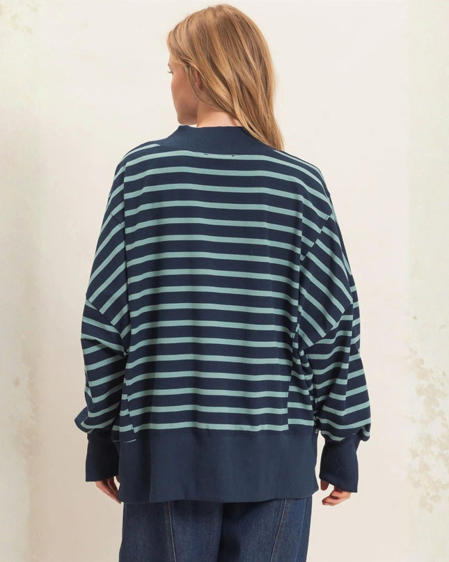 Striped Mock Neck Split Hem Sweatshirt