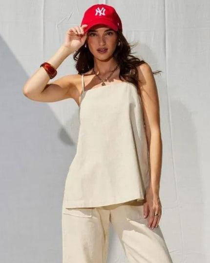 Button Side Linen Split Open Tank Top