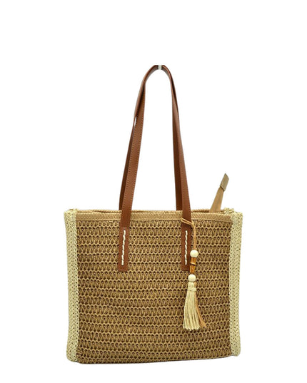 Beaded Tassel Straw Tote Bag