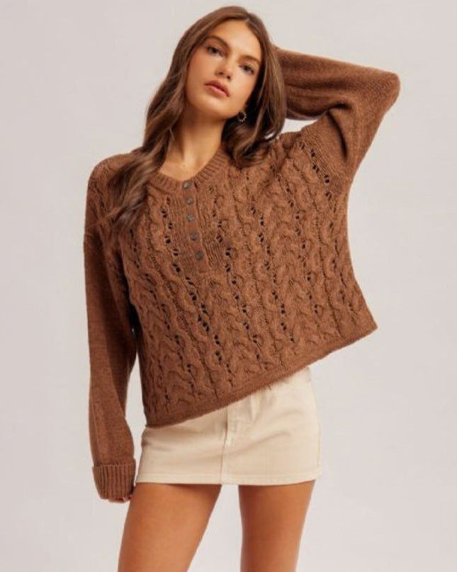 Half Button Loose Cable Knit Sweater
